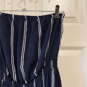 Navy and White Striped Strapless Pantsuit